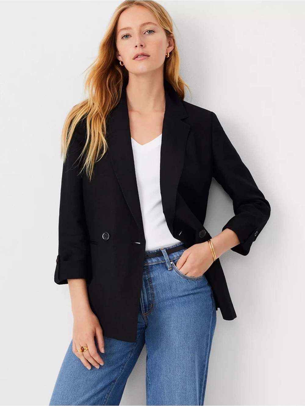 Ann Taylor - Weekend Roll Sleeve Relaxed Linen-blend Blazer - Black